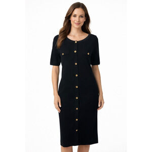Women's Button Front Knit Midi Dress Size Large Black Short Sleeve Career Office
